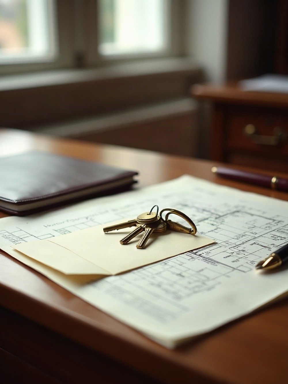 Property desk with brass keys, a folded floor plan, and a fountain pen on an oxblood blotter