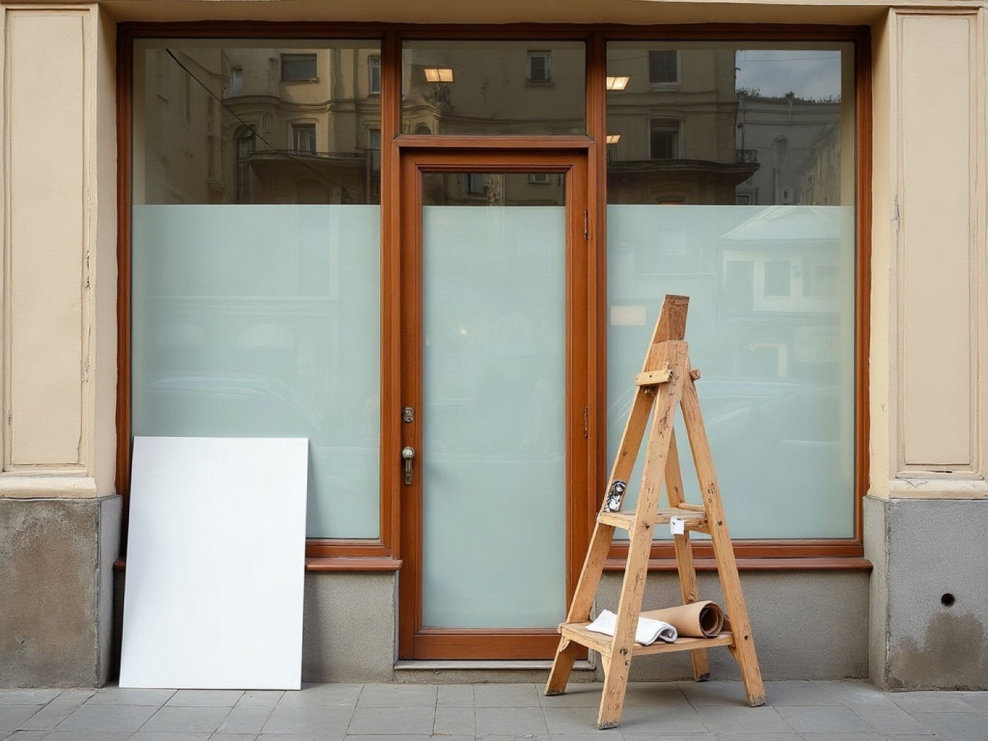 Kharkiv shopfront being dressed with poster boards, window vinyl rolls, and a wooden ladder