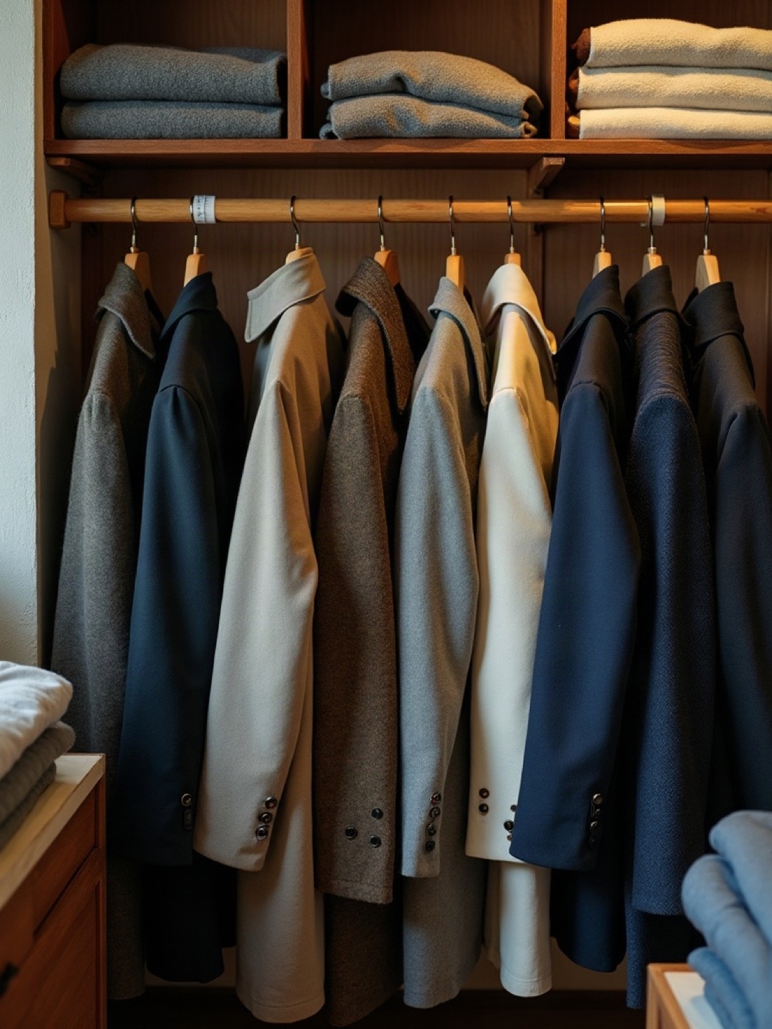 Men's wool coats and boys' jackets on a wooden rail in a Kharkiv clothing stockroom