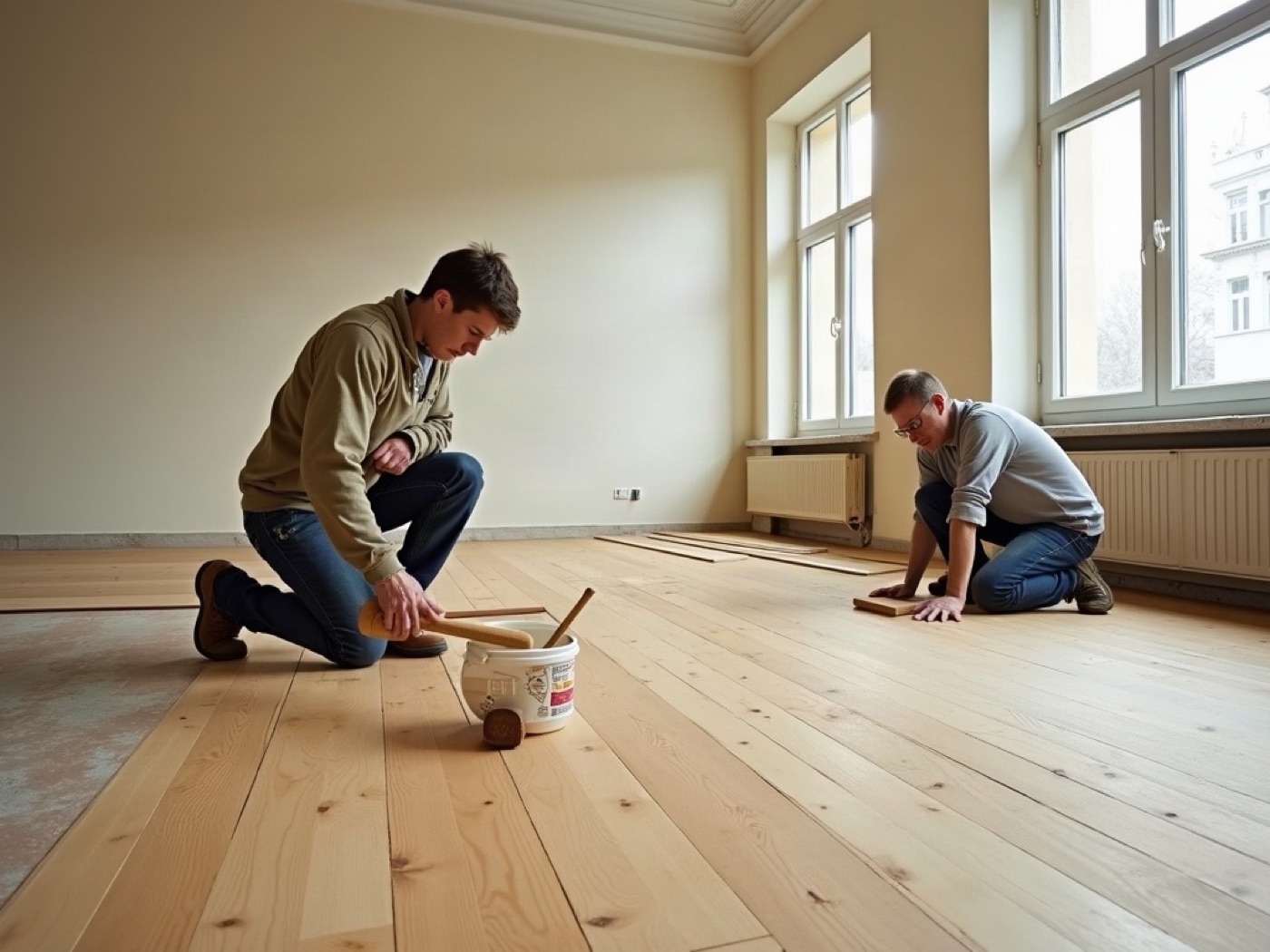 Hands laying oak parquet planks in an empty commercial unit